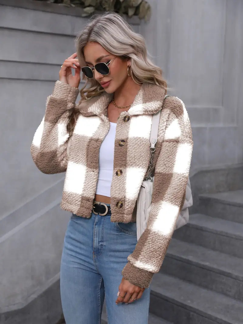 Veste Femme à Carreaux en Peluche Douce